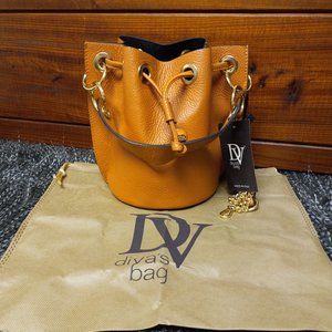 Diva’s Bag, Genuine Leather Black Bucket Purse with Brushed Metal Hardware.